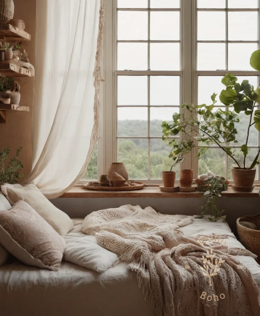 A serene, bohemian-inspired room with organic cotton textiles.