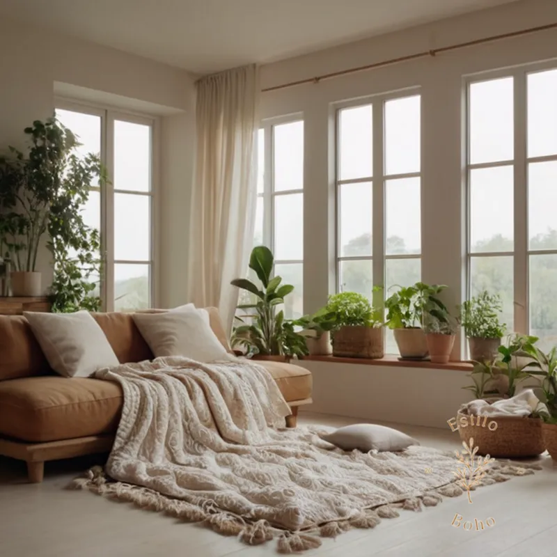 A serene room decorated with organic cotton textiles and plants.