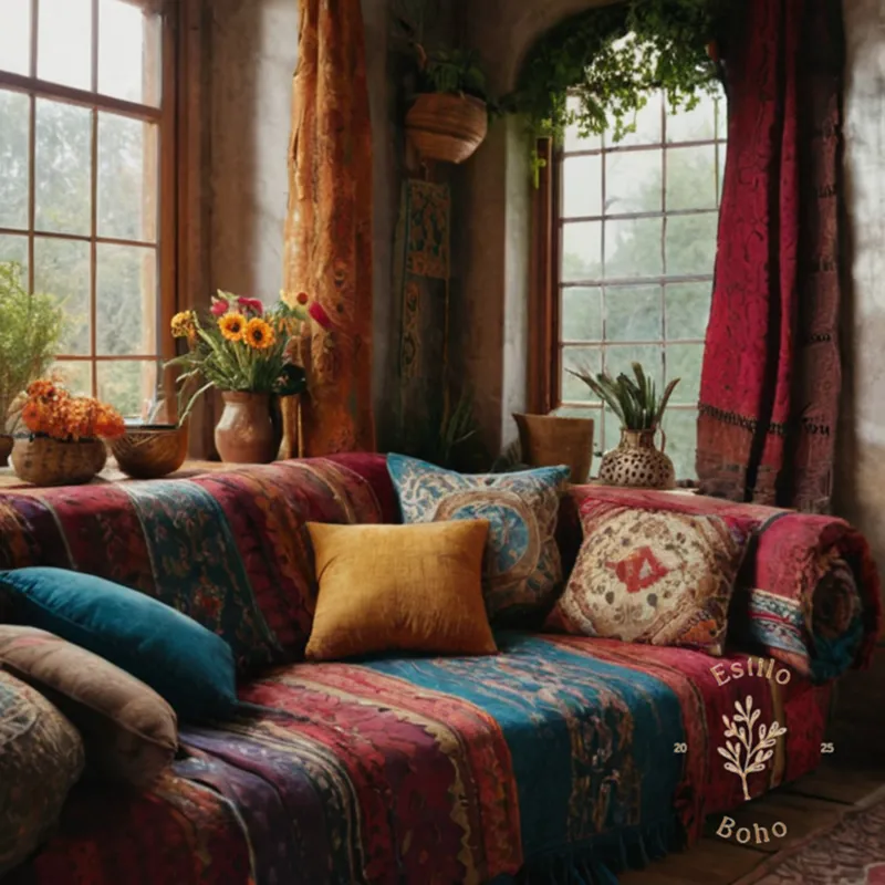 A collection of bohemian-inspired textiles and decorative items gathered.