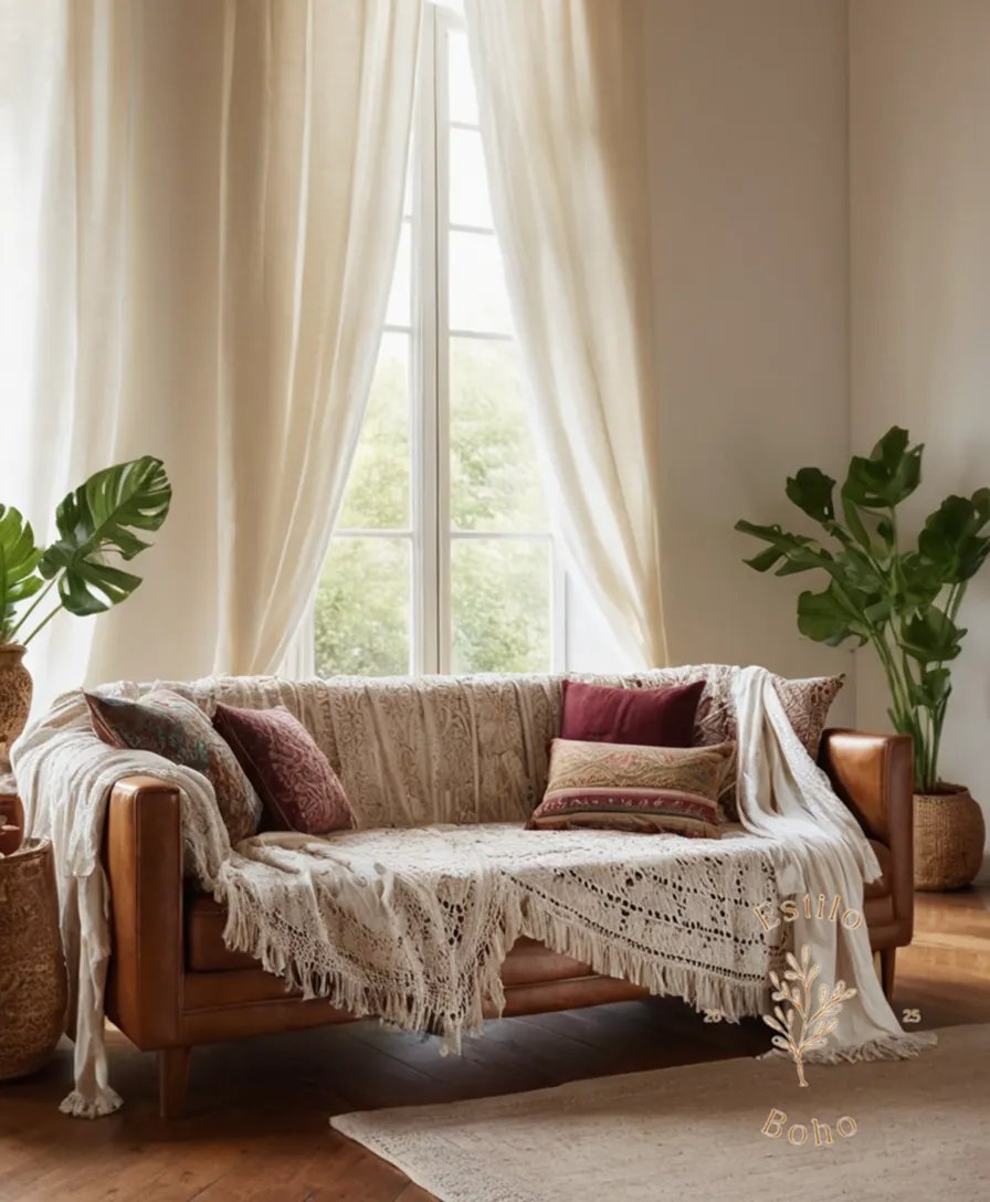 Organic cotton fabrics draped over bohemian-inspired furniture designs.
