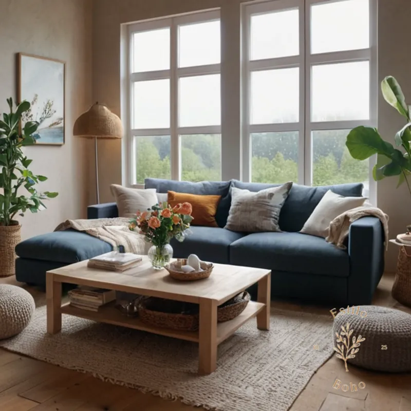 A cozy living room with mix of textiles and natural elements.