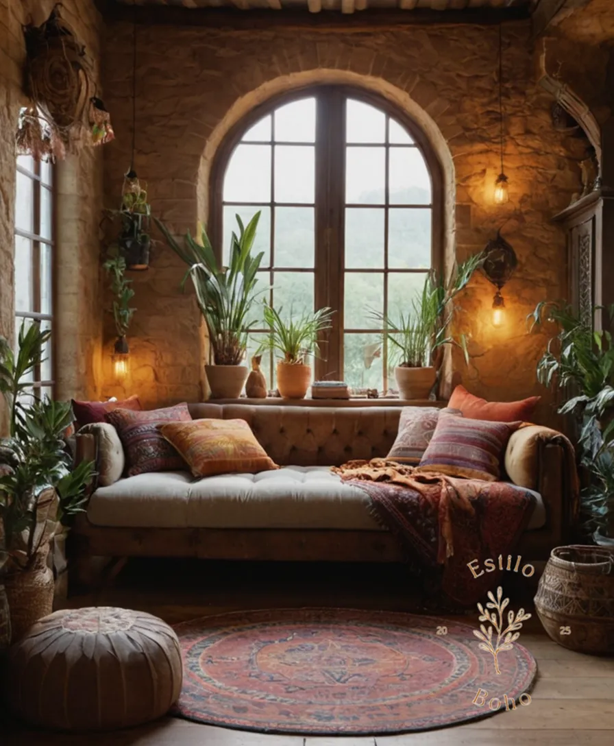 3 bohemian-themed interior design spaces with distinct textures.