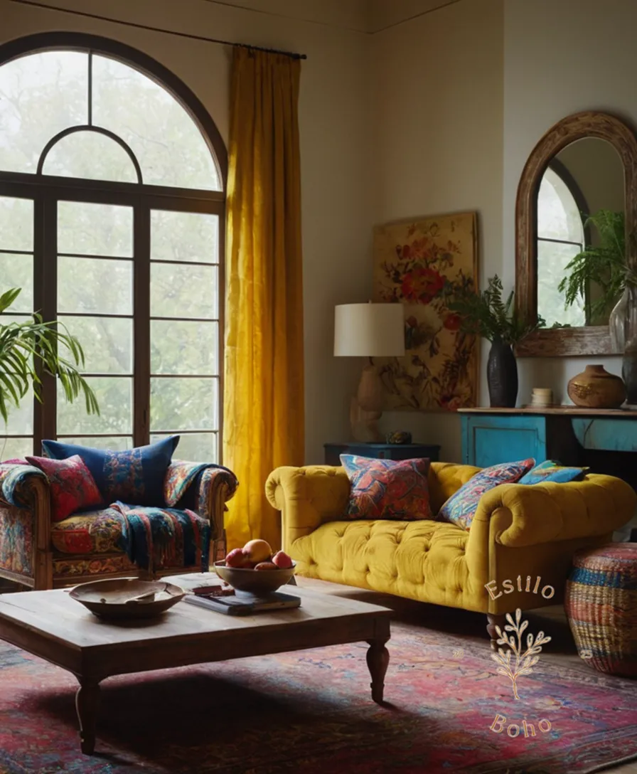 3-4 eclectic furniture pieces and textiles in colorful, layered textures.