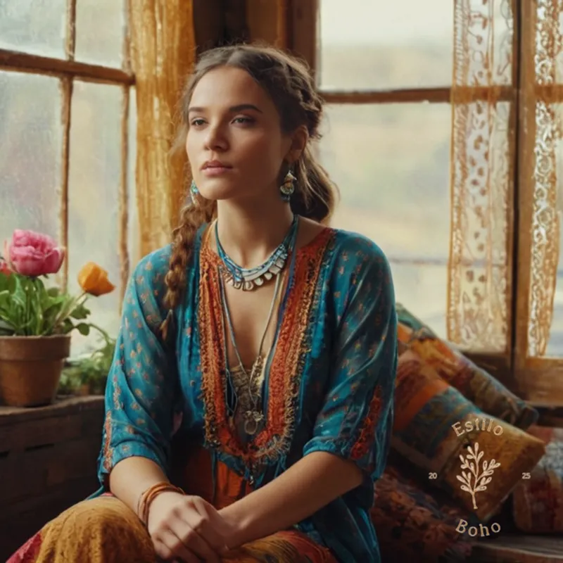 A bohemian-inspired fashion model with eclectic textures and patterns.