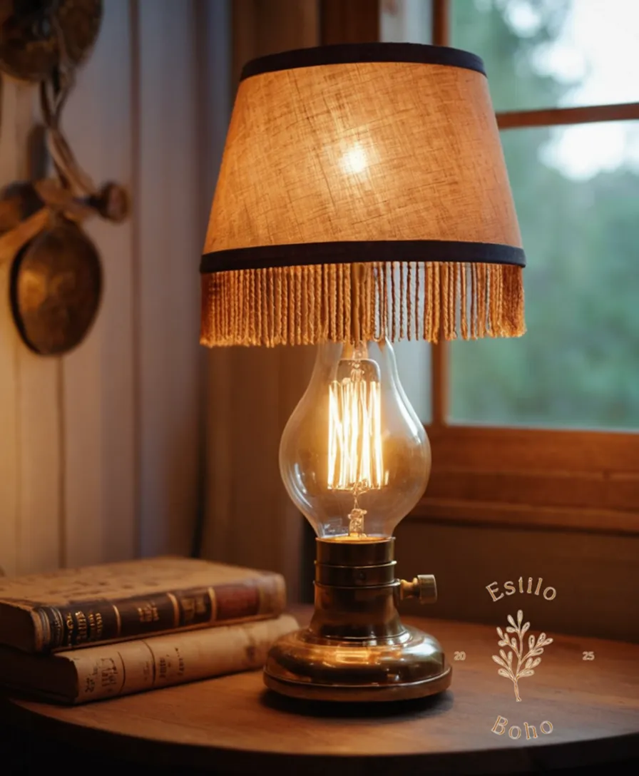 A stylish bohemian lamp next to a light bulb or wattage gauge.