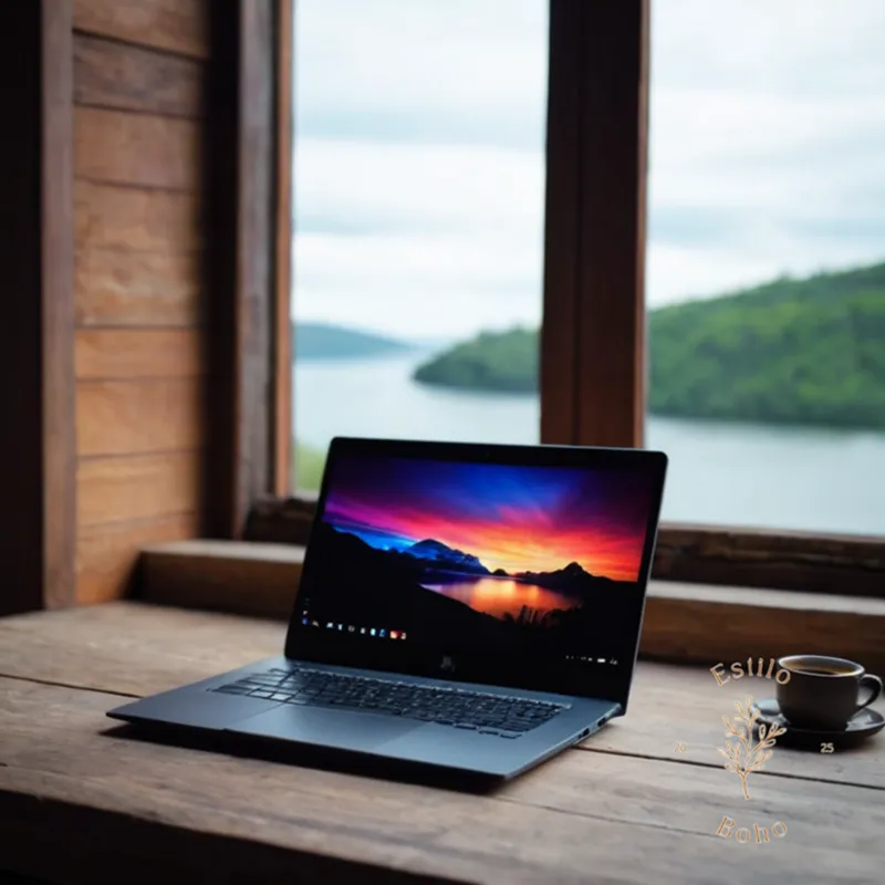 A stylish laptop sitting atop a small wooden desk table.
