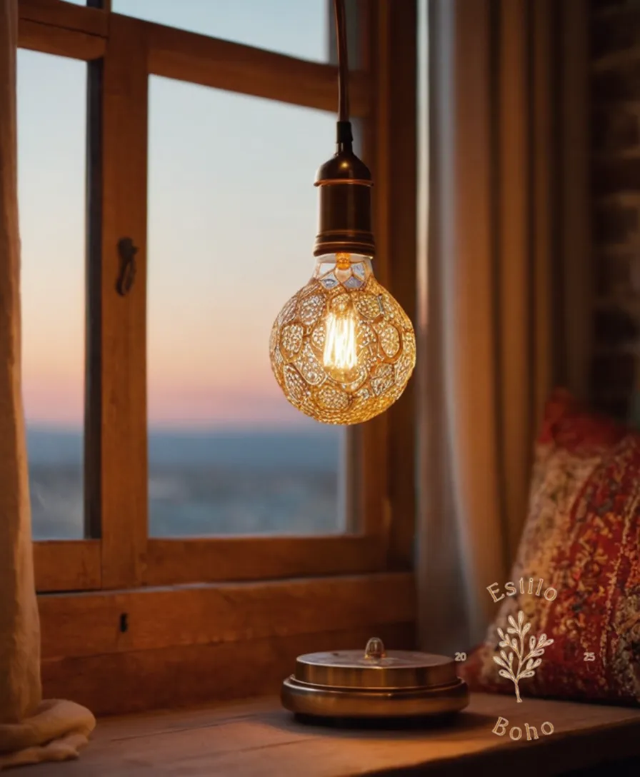 A stylish bohemian lamp with a trendy light bulb.
