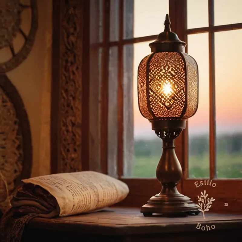 A bohemian-style lamp on a vintage-themed background with warm lighting.