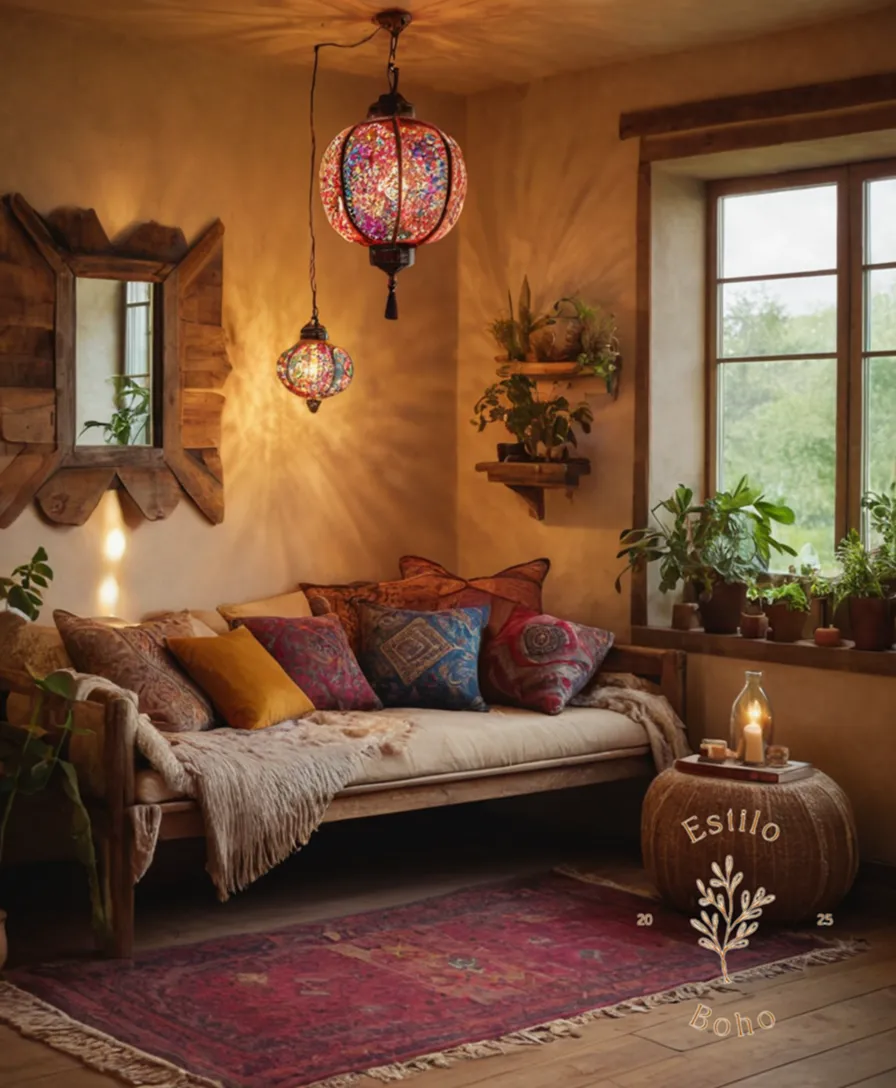 A cozy bohemian room with energy-efficient LEDs on lamp fixtures.