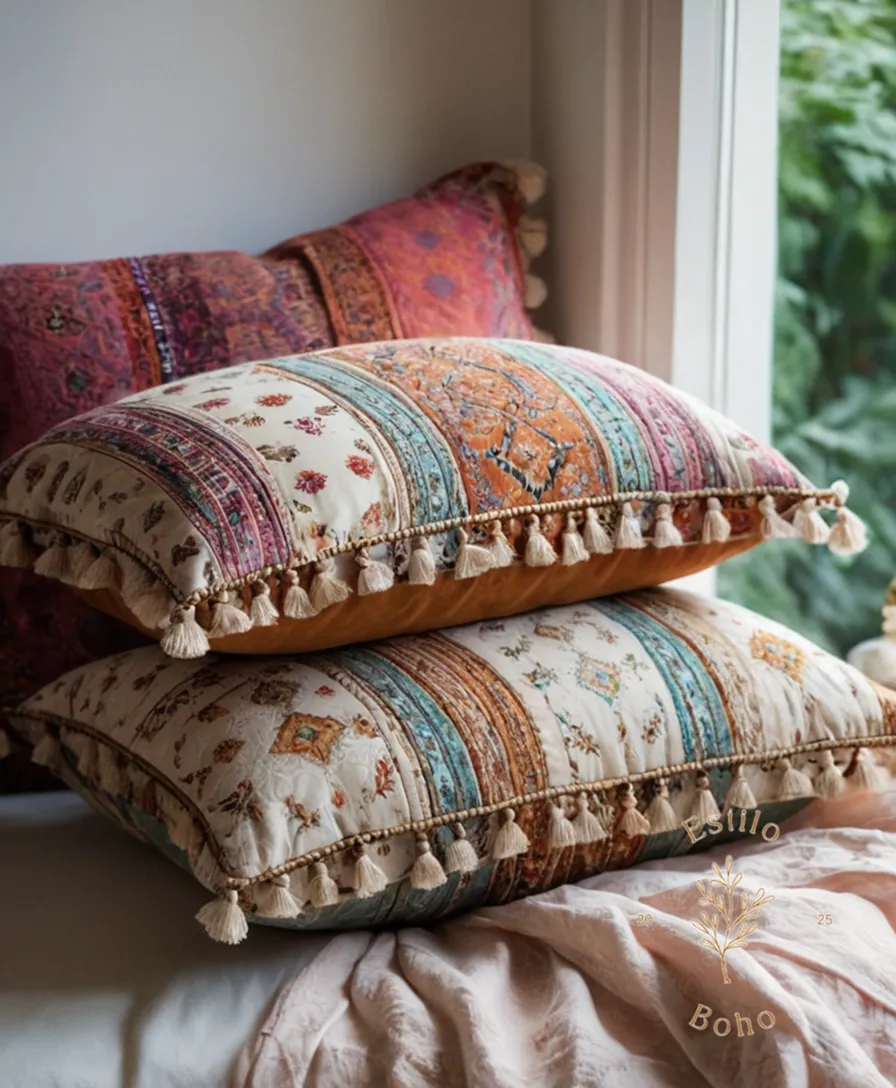 3 Boho pillows with fluffy organic cotton fabric.