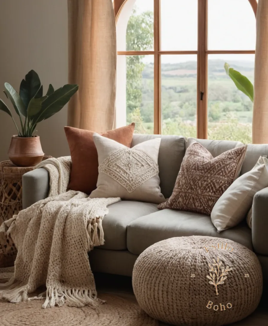 A boho-chic living room scene with chunky organic cotton throw pillows.