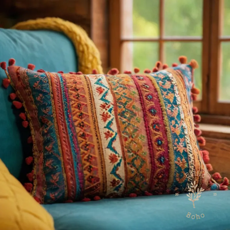 a soft, bohemian-style cotton cushion on a colorful wooden background.