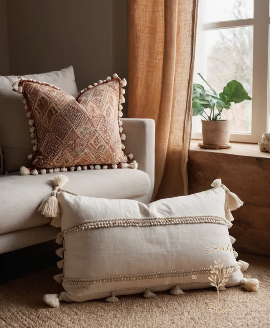 Organic cotton pillows with bohemian tassels in a cozy living room.