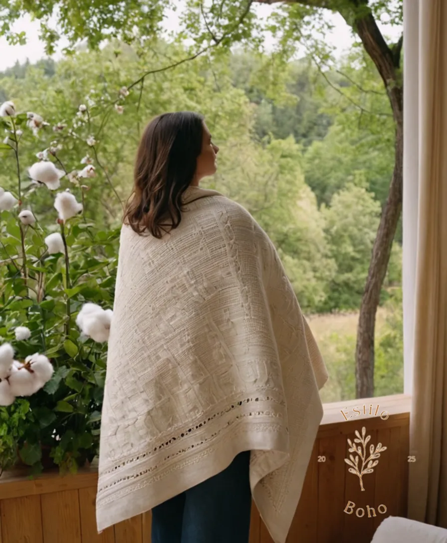 A person holding a handmade cotton blanket with trees and flowers.