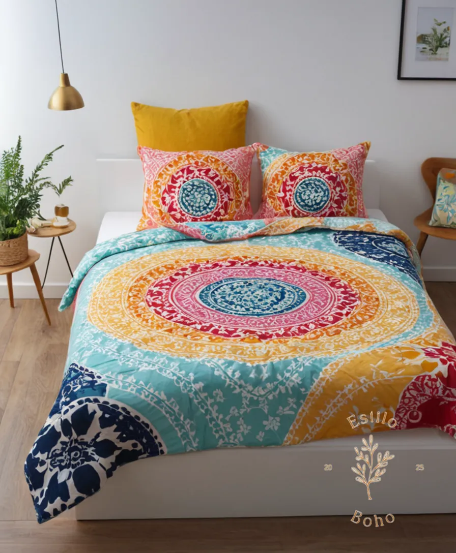 A colorful, playful bedspread made from cotton.