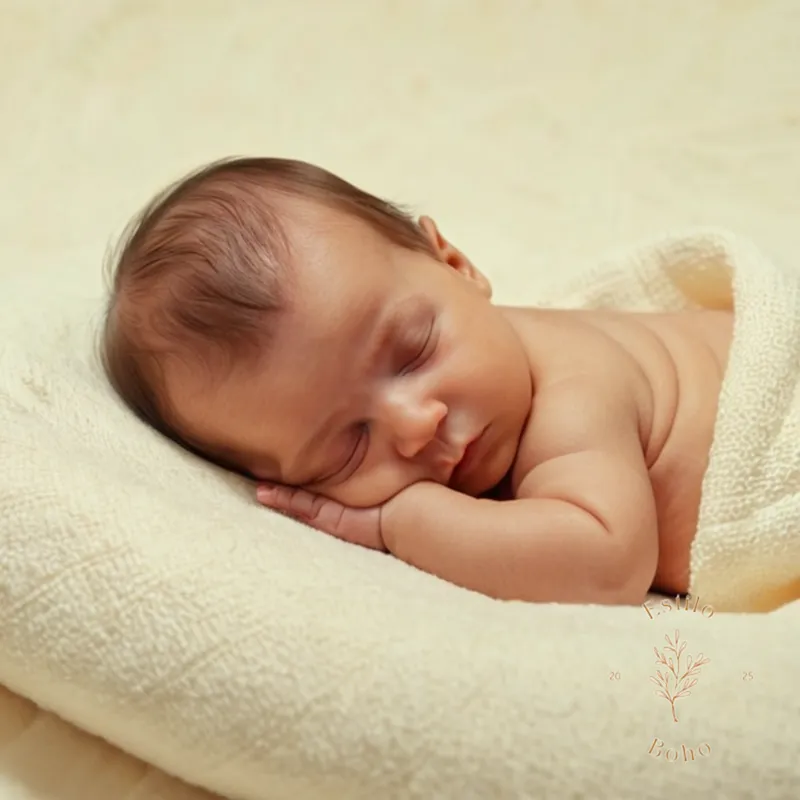 A gentle baby sleeping on a cotton blanket background.