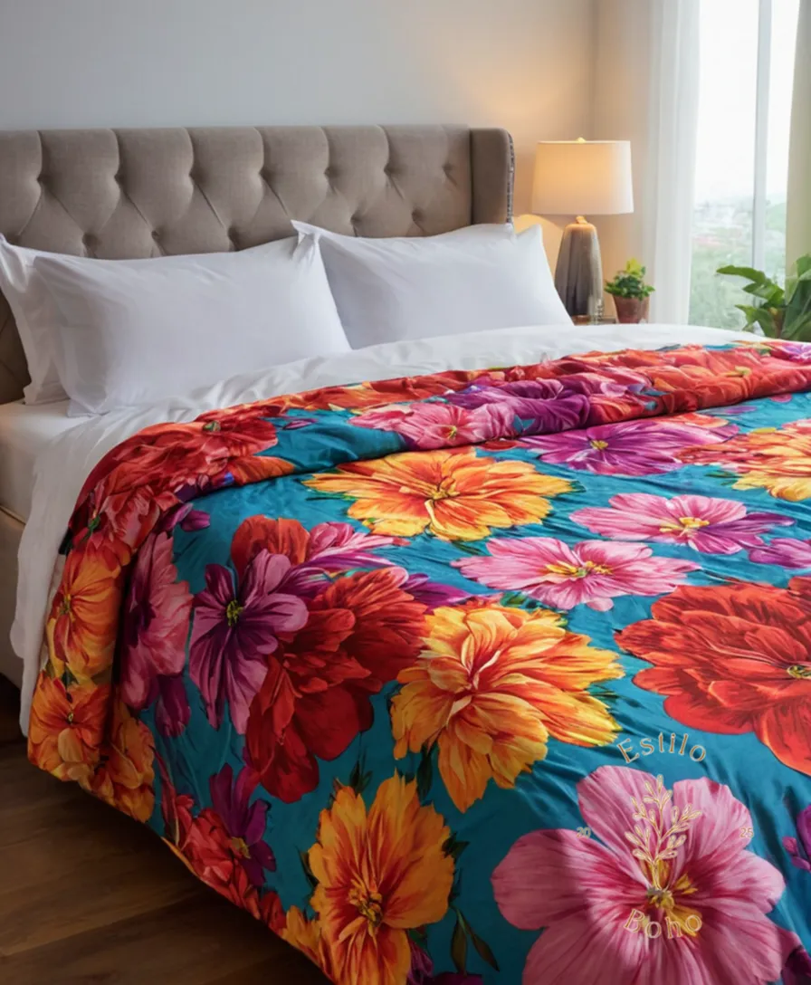 A colorful floral-colcha draped over a single bed.