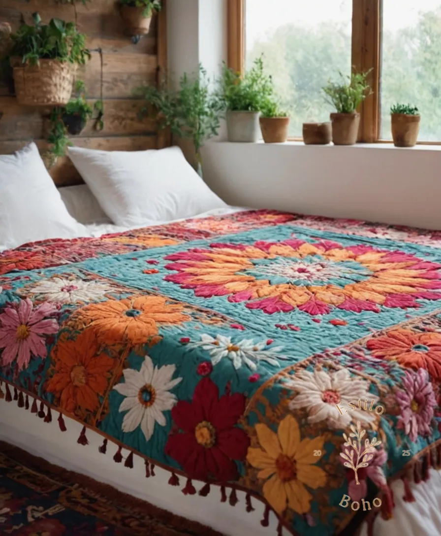 A colorful, bohemian-inspired floral blanket on a bed.