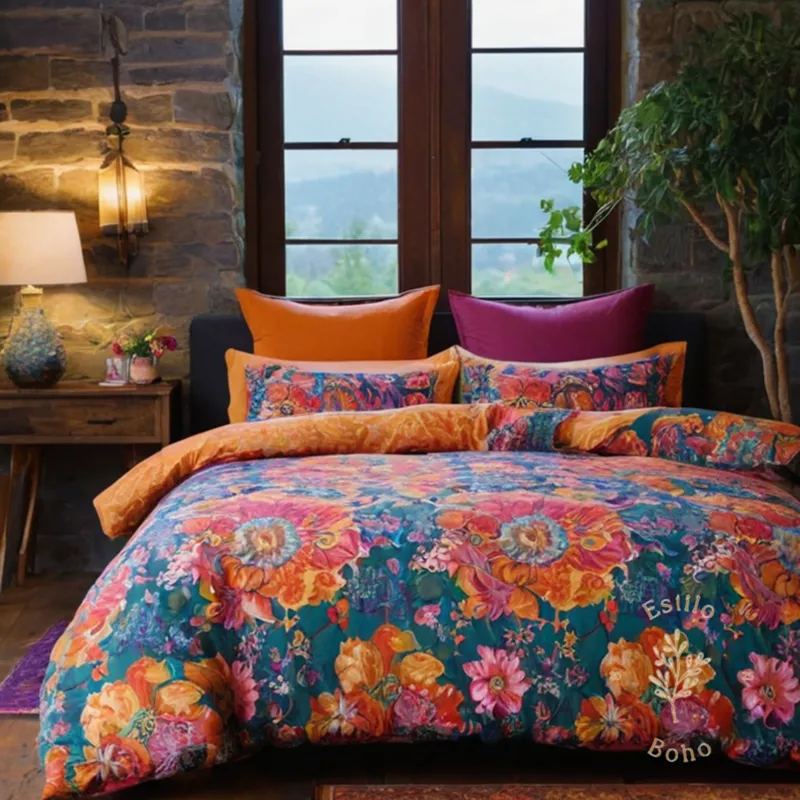 A colorful, intricately patterned bohemian floral duvet on a single bed.