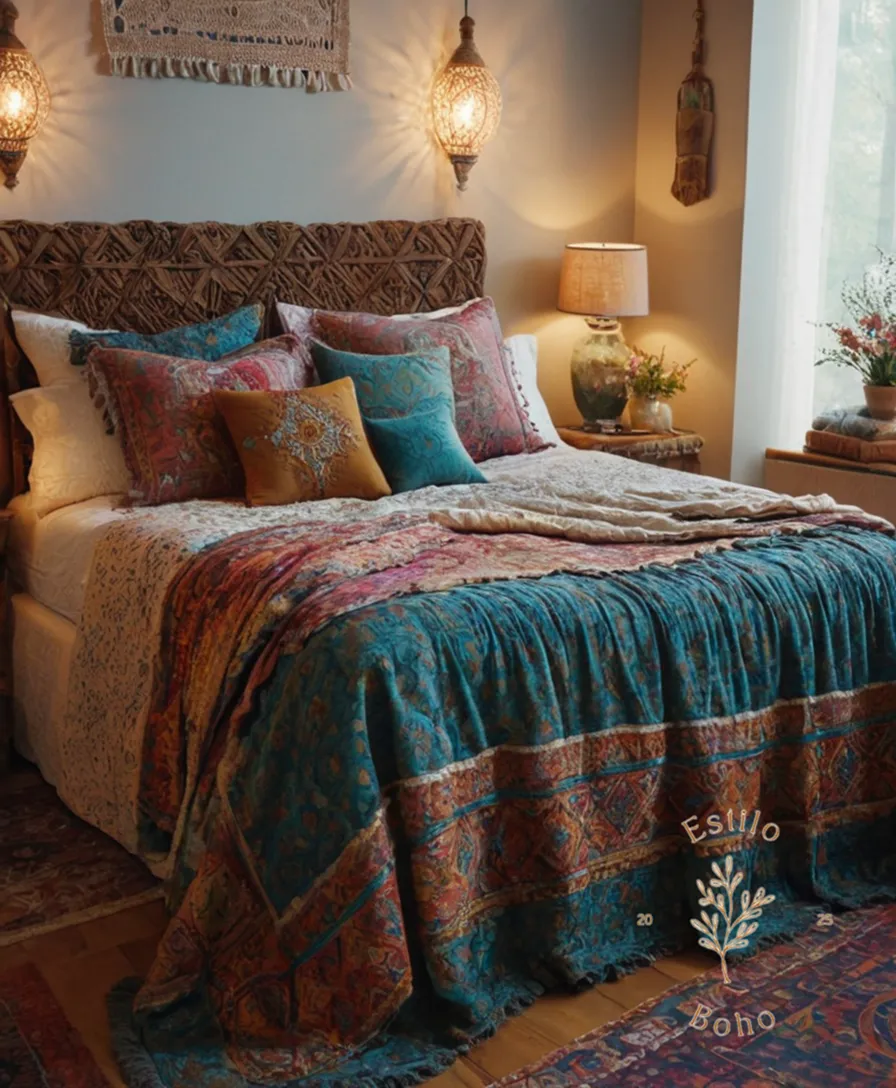 A sumptuous bohemian bed spread in a cozy bedroom setting.