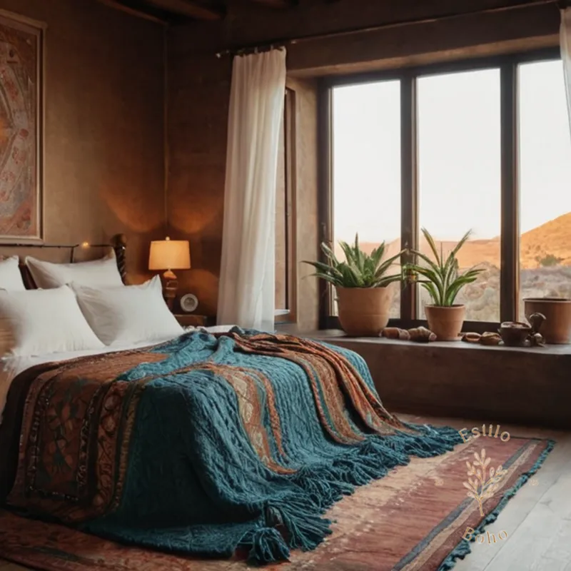 A bohemian-style luxurious throw blanket on a serene bedroom background.