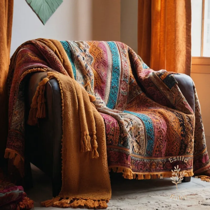 A luxurious bohemian throw blanket combined with stylish bedroom decor.
