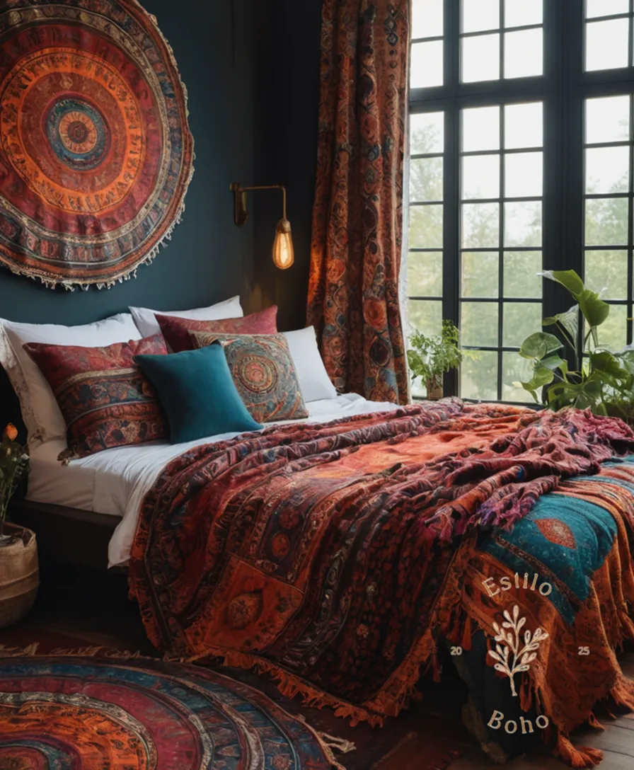 1.5m bed draped with reversible bohemian blanket.