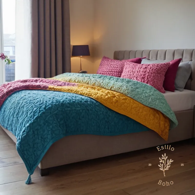 1.5-metre colourful reversible throws on a double bed together.