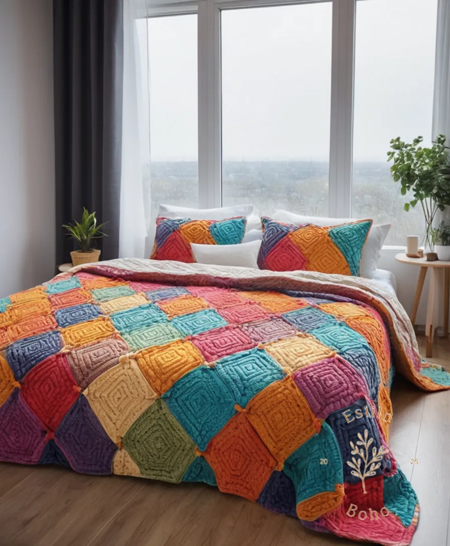 A reversible blanket with a colorful, textured pattern.