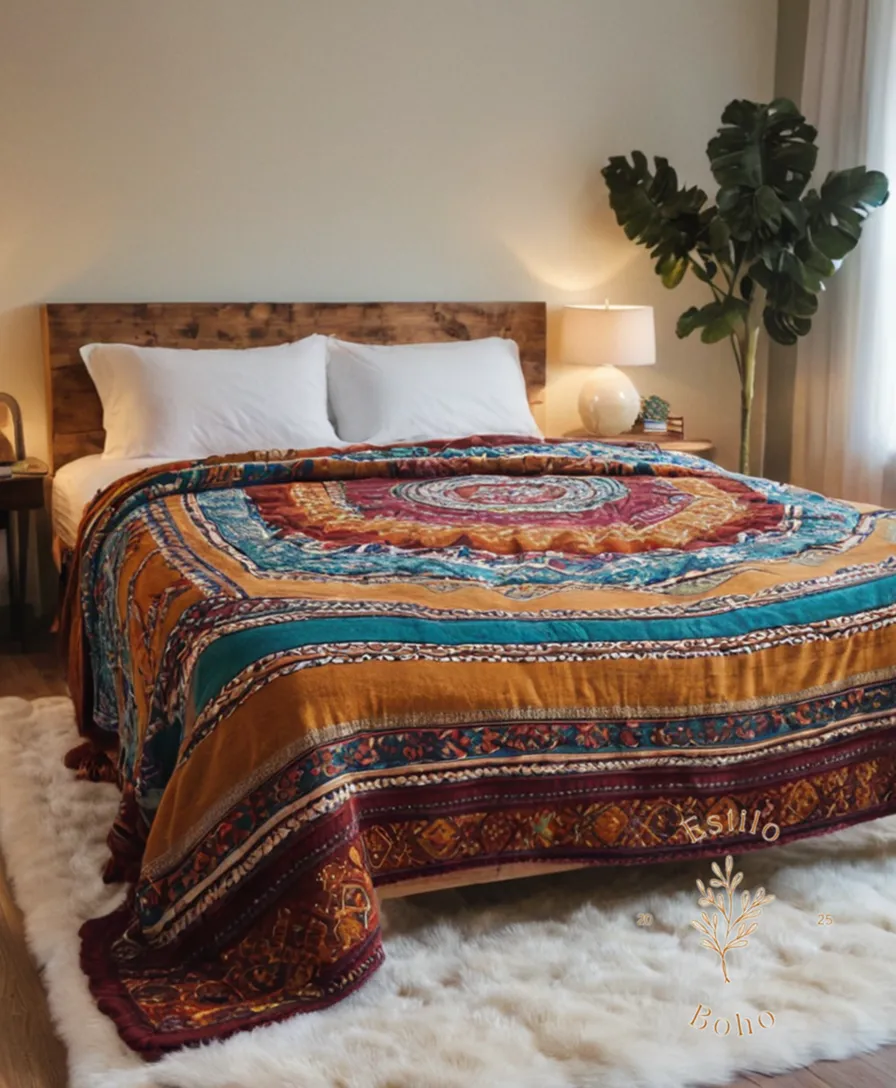 A bohemian-style queen-sized throw blanket on a bed.