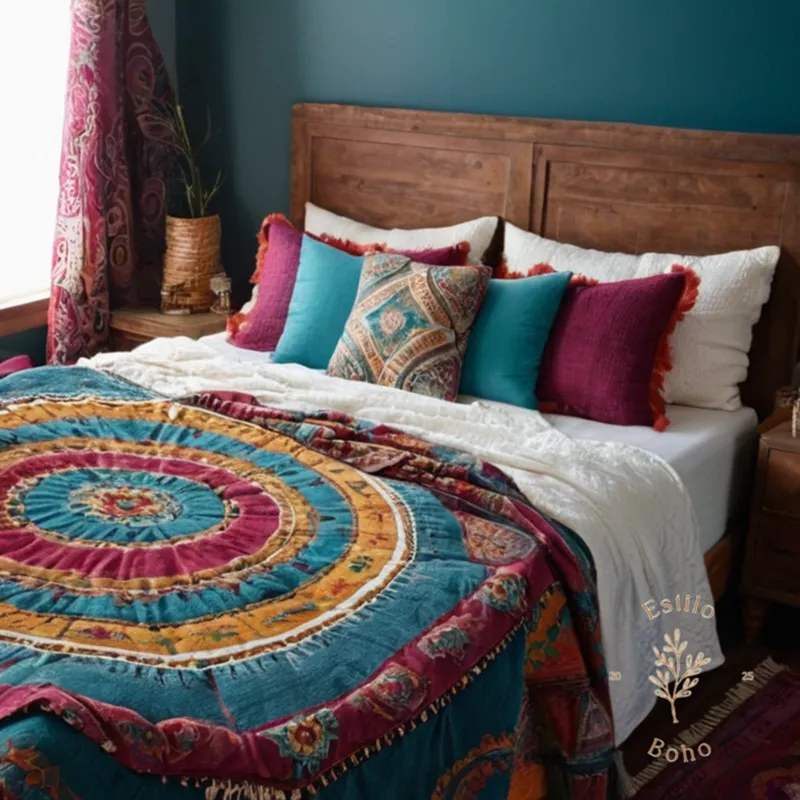 A queen-sized bohemian throw blanket laid out on a bed.
