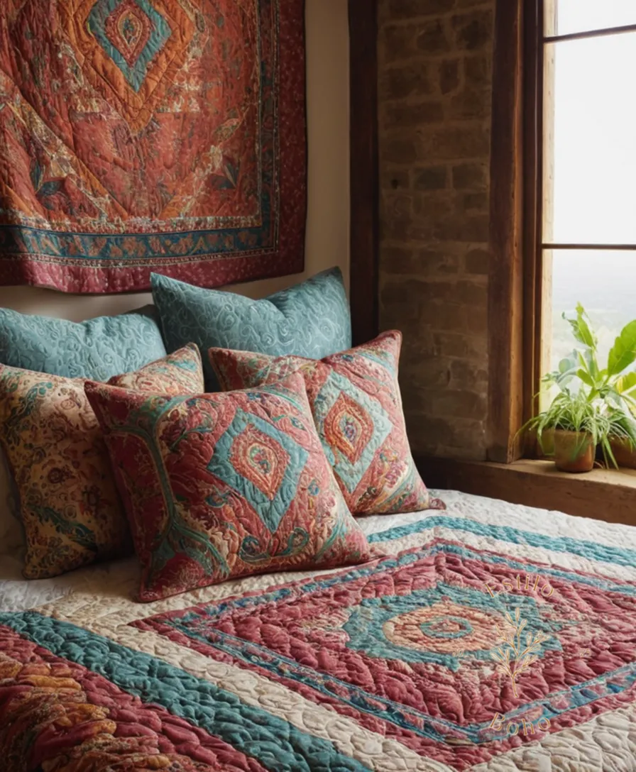 A bohemian cotton quilt with paisley pattern prominently displayed.