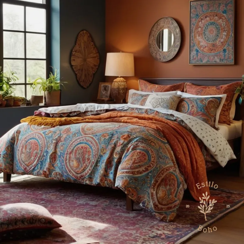 A bohemian-inspired bedroom setting with Paisley-print bedding and textiles.