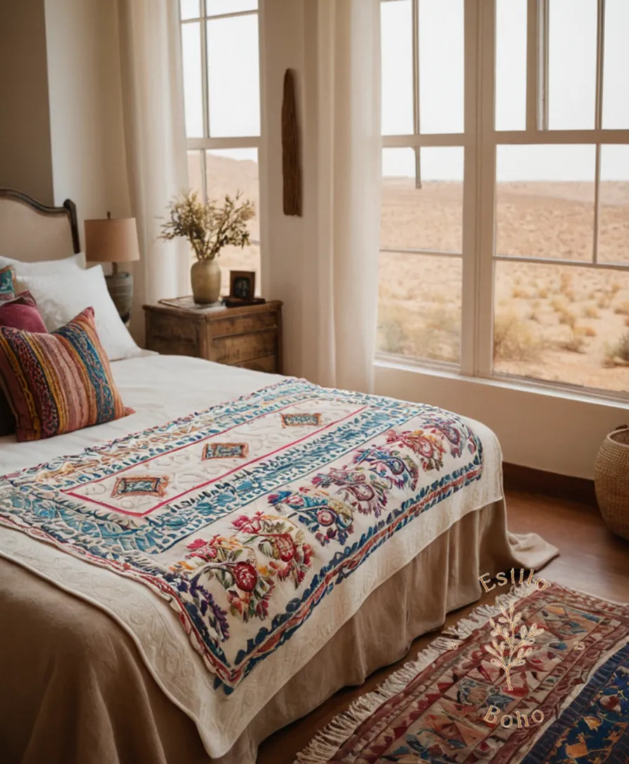 Bohemian-inspired Egyptian cotton embroidered blankets in a luxury home decor setting.