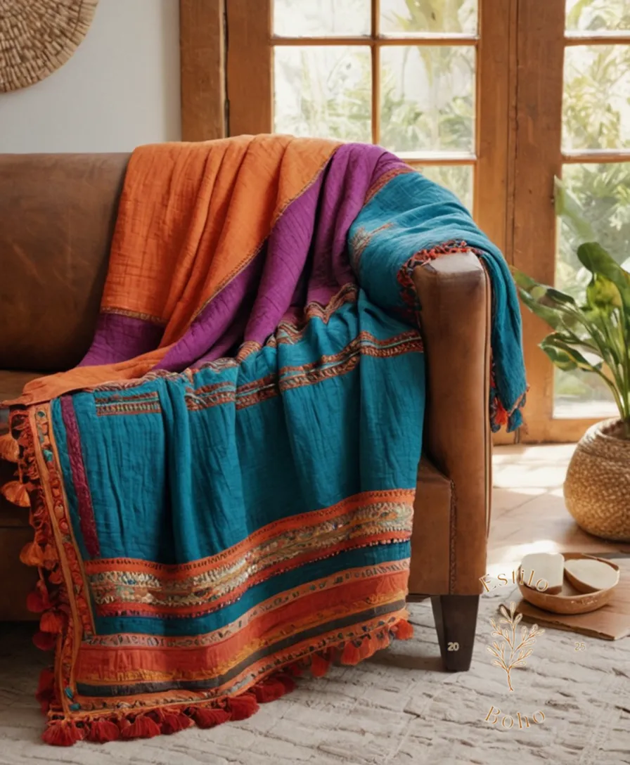 A beautifully embroidered egyptian cotton bohemian throw in vibrant colors.