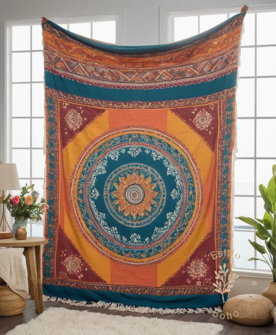 A lightweight, organic cotton bohemian throw blanket on a summer-themed background.