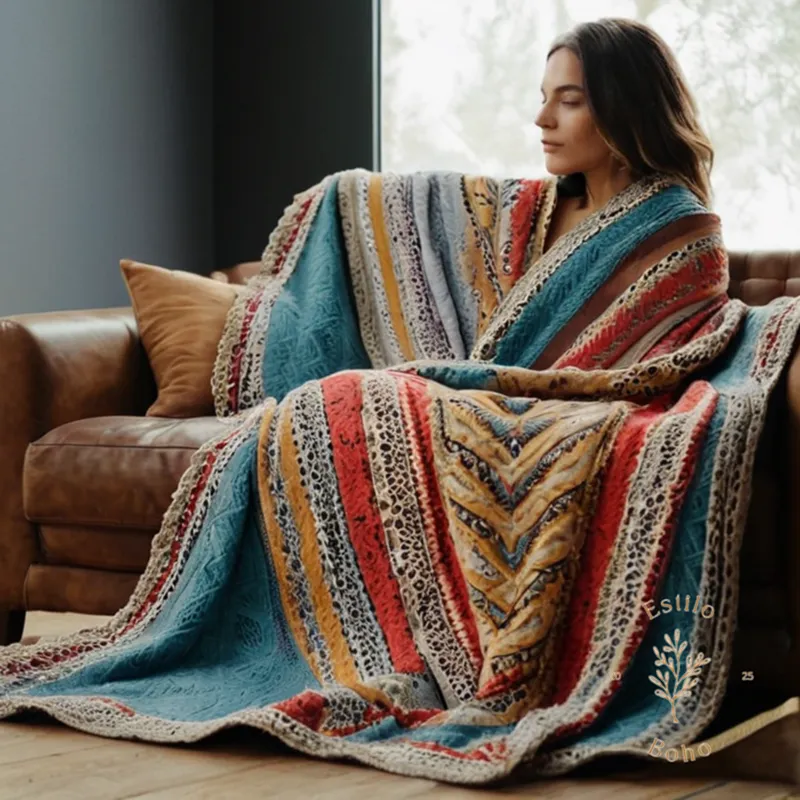 Lightweight, organic cotton bohemian blankets or throw on a person or furniture.