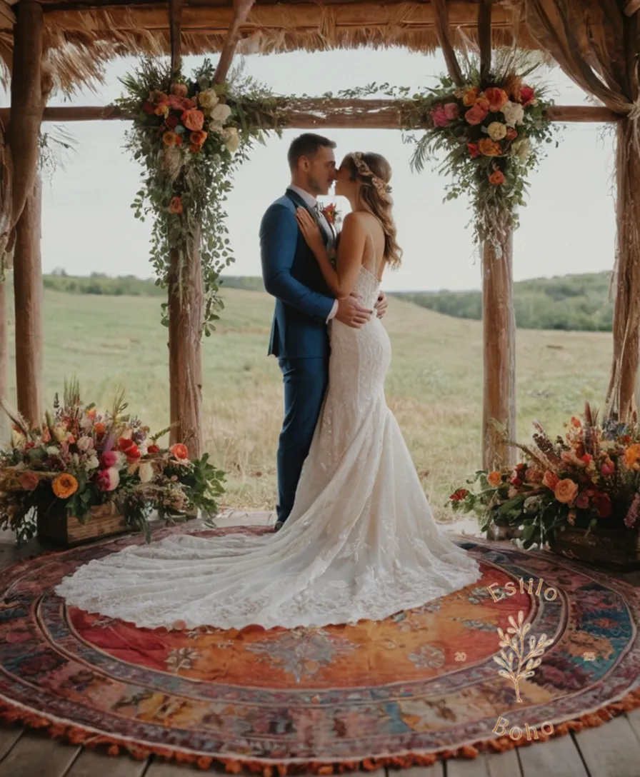 A beautiful bohemian-inspired wedding with colorful textiles and flowers.