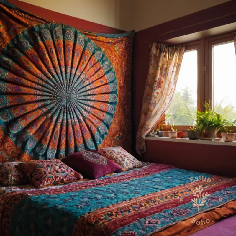 4-6 bohemian bedspreads or throws on a colorful, trendy background.