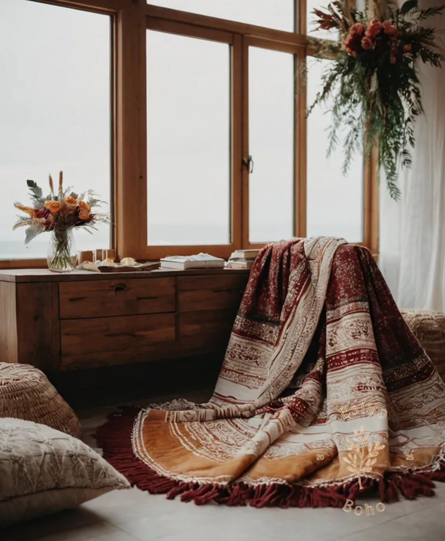 2 bohemian blankets stylishly draped on a modern wedding setup.