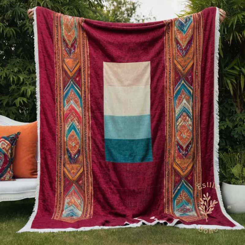 A colorful, bohemian throw blanket wrapped as a wedding gift.