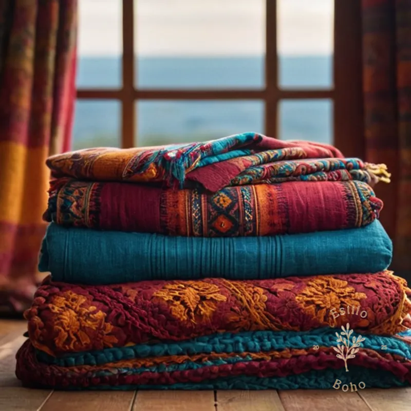 2-3 vibrant bohemian blankets being draped elegantly together.