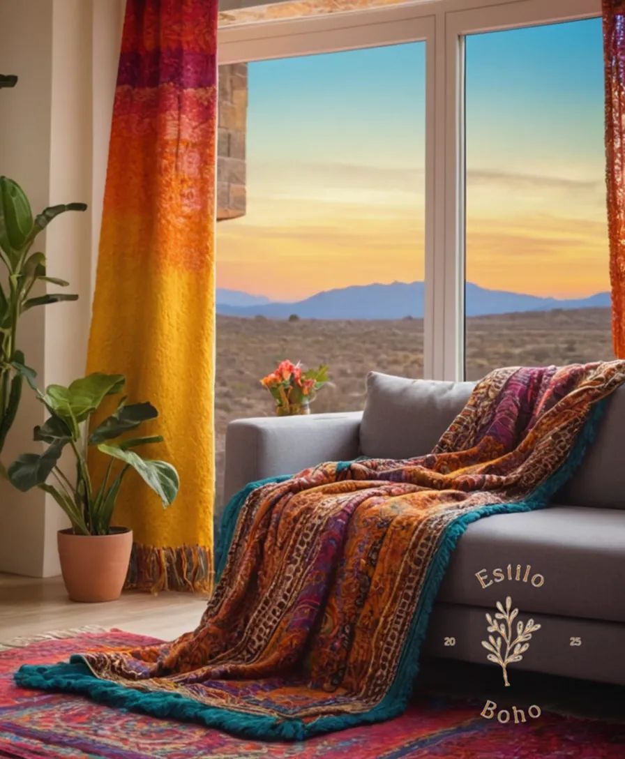 A bohemian-inspired throw blanket against a colorful, vibrant background.