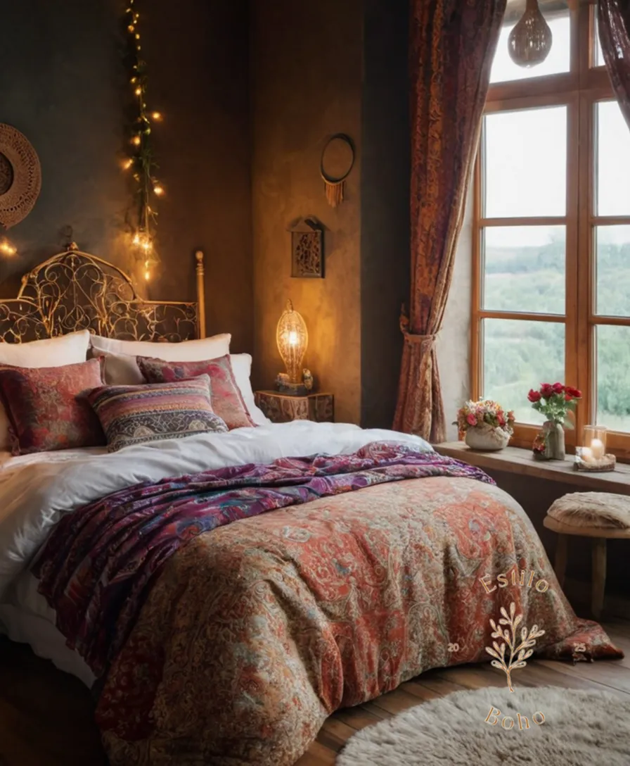 135 cm bed with bohemian-style bedding and decorative pillows.