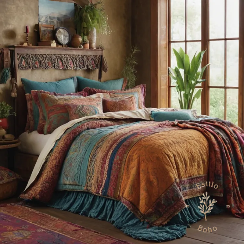 3 layered bohemian-style bedding on a dramatic, vintage-inspired bed.
