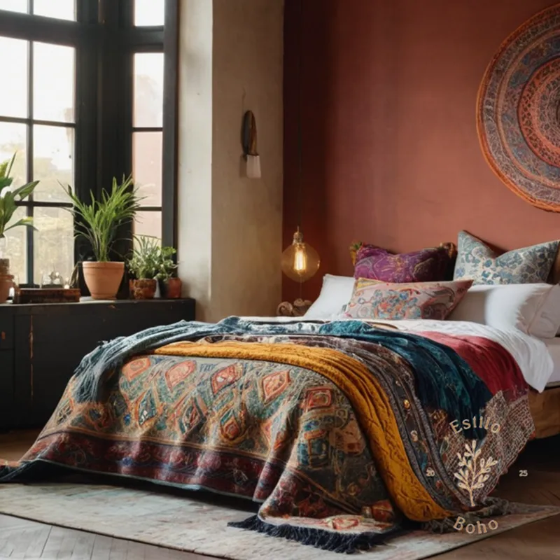 A stylish, eclectically decorated bed with a bohemian throw.