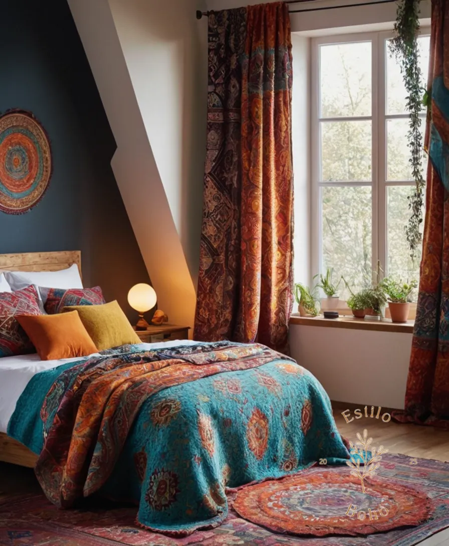 3-4 reversible bohemian blankets in different designs in a bedroom.