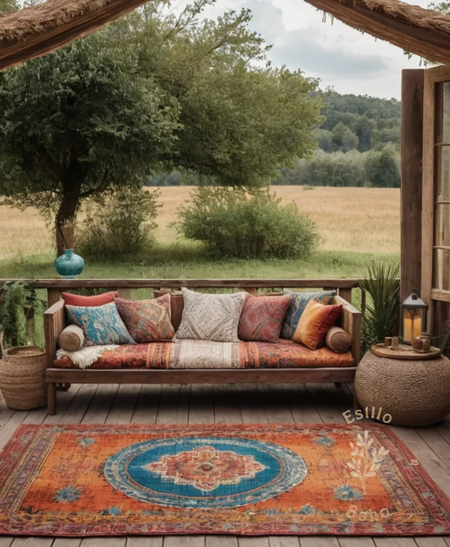 A bohemian rug draped over rustic countryside outdoor furniture.