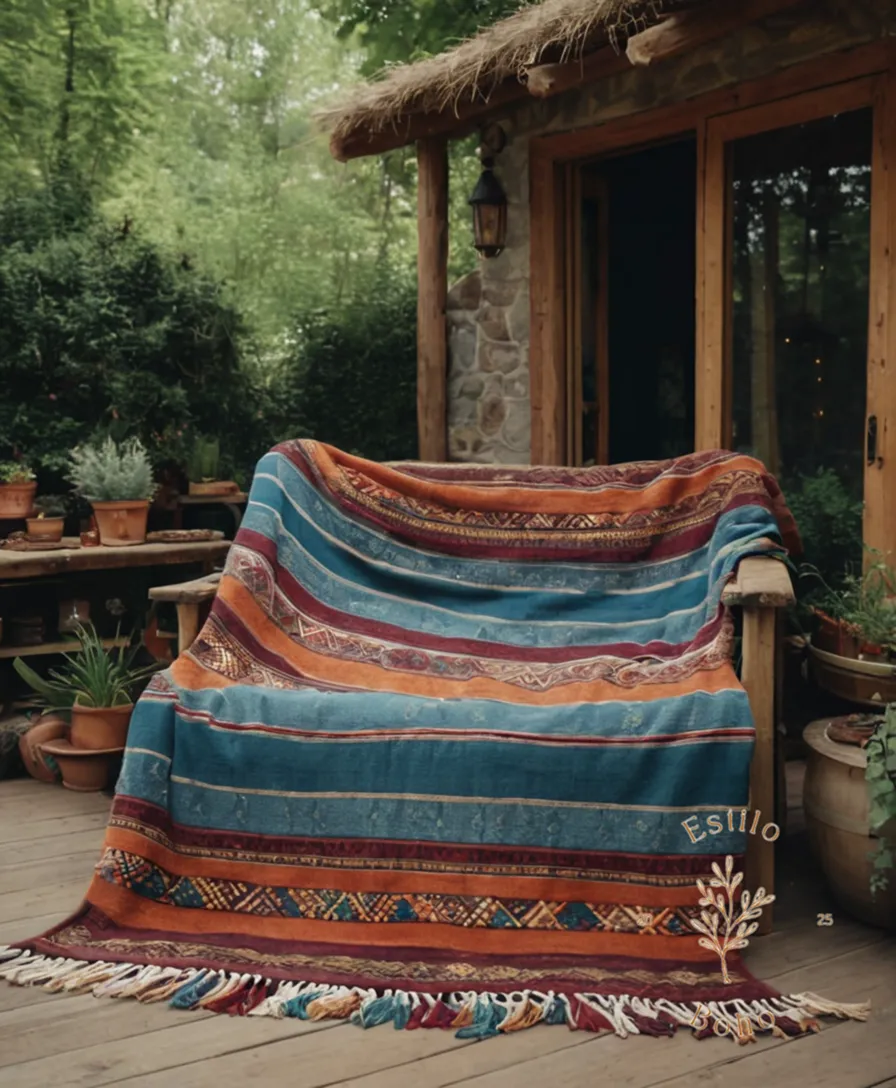 4-6 beautiful bohemian blanket styles on a rustic outdoor setting backdrop.