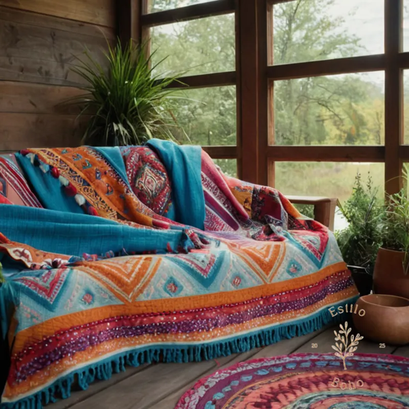 3-4 colorful, bohemian-style blankets draped over a chic outdoor setup.